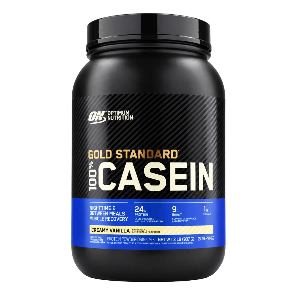 Optimum Nutrition Gold Standard 100% Casein Creamy Vanilla 2 lb tub on a clean white background