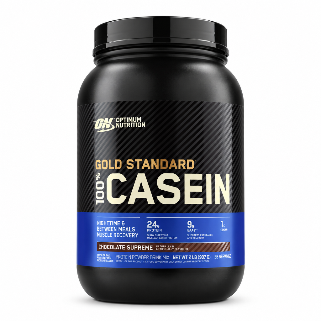 Optimum Nutrition Gold Standard 100% Casein Chocolate Supreme 2 lb tub on a clean white background