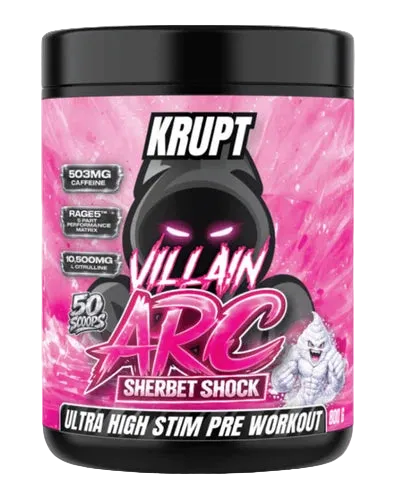 Krupt Villain Arc pre-workout supplement container with pink and black design
