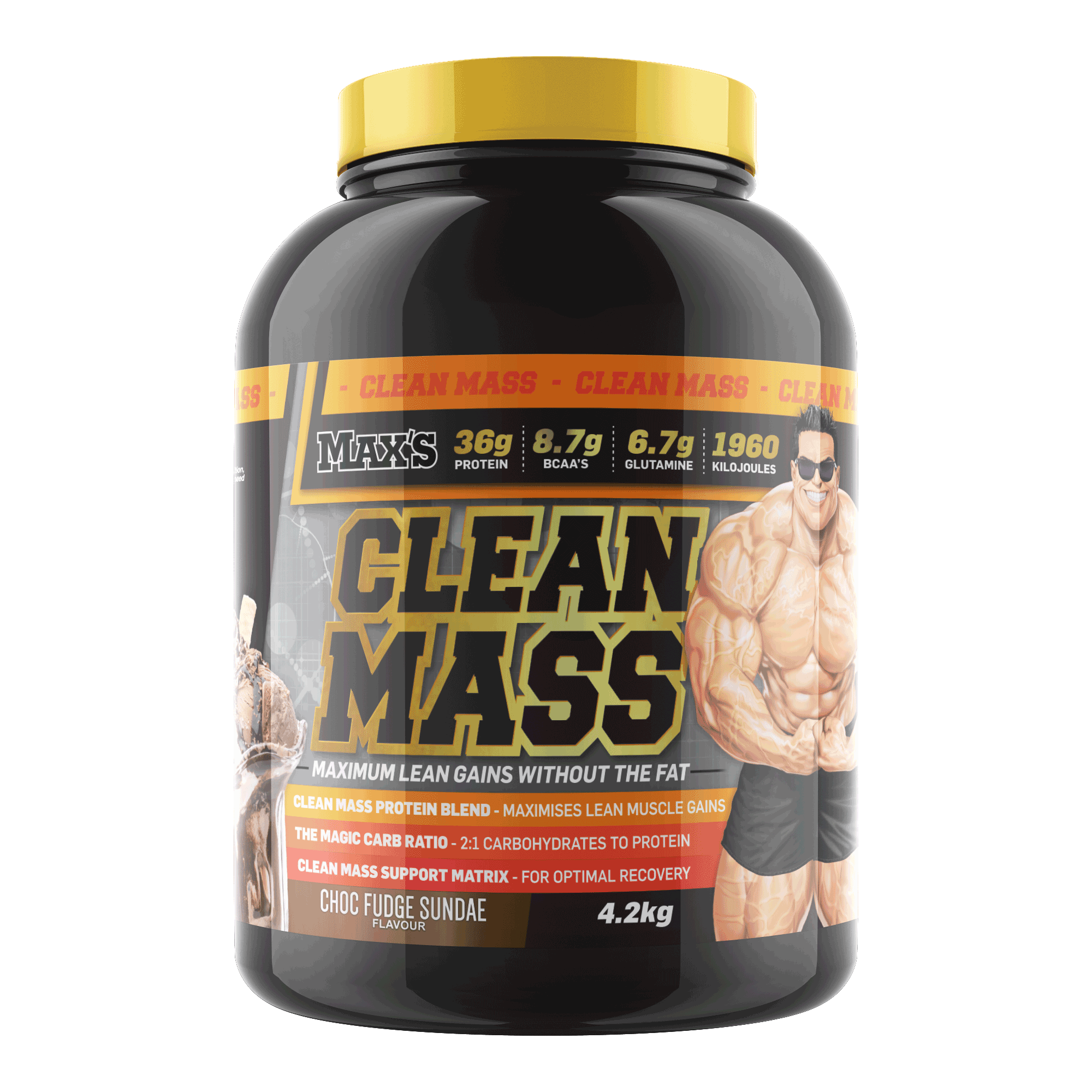 Black supplement container labeled 'Clean Mass' with a yellow cap on a white background