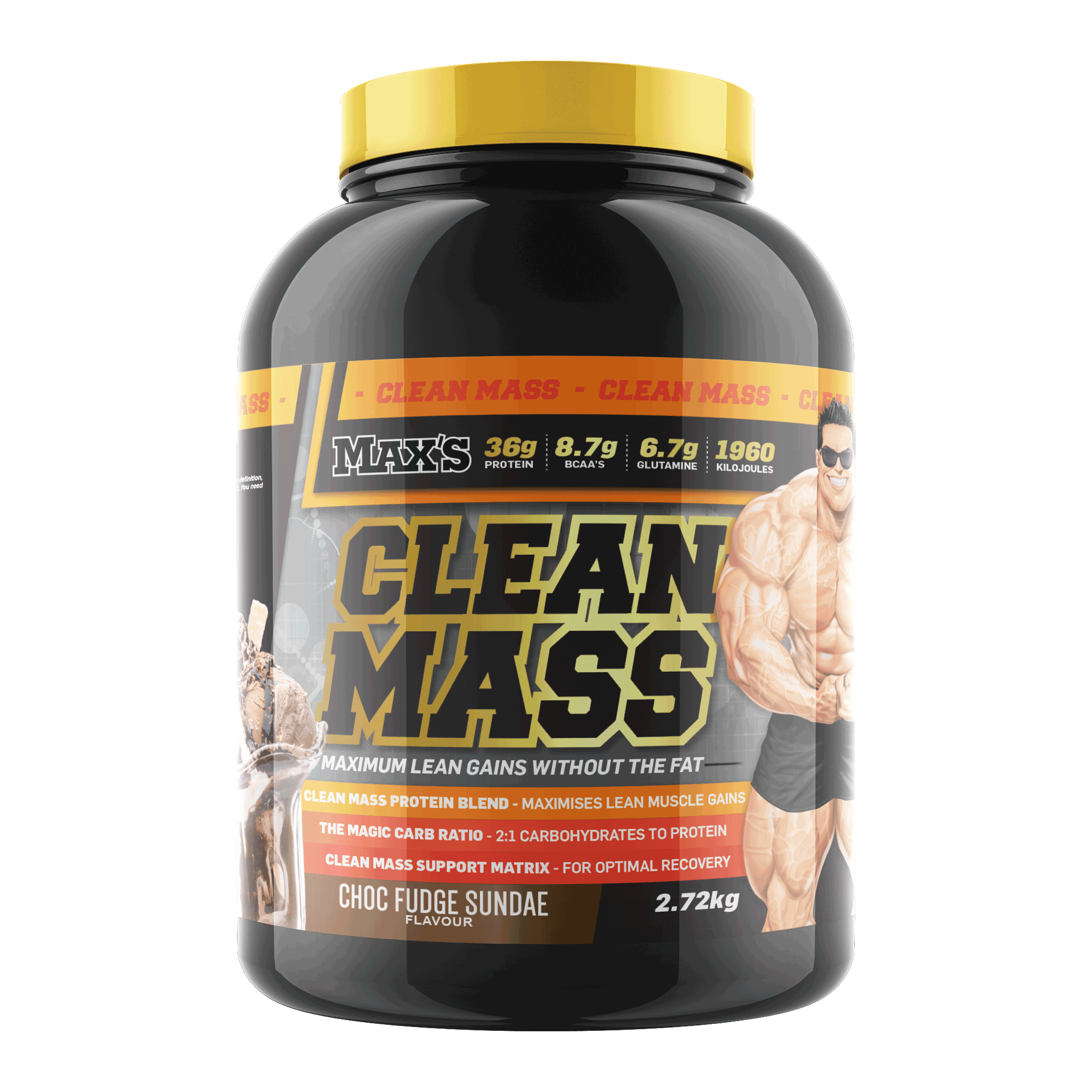 Max's Clean Mass supplement container with a white background