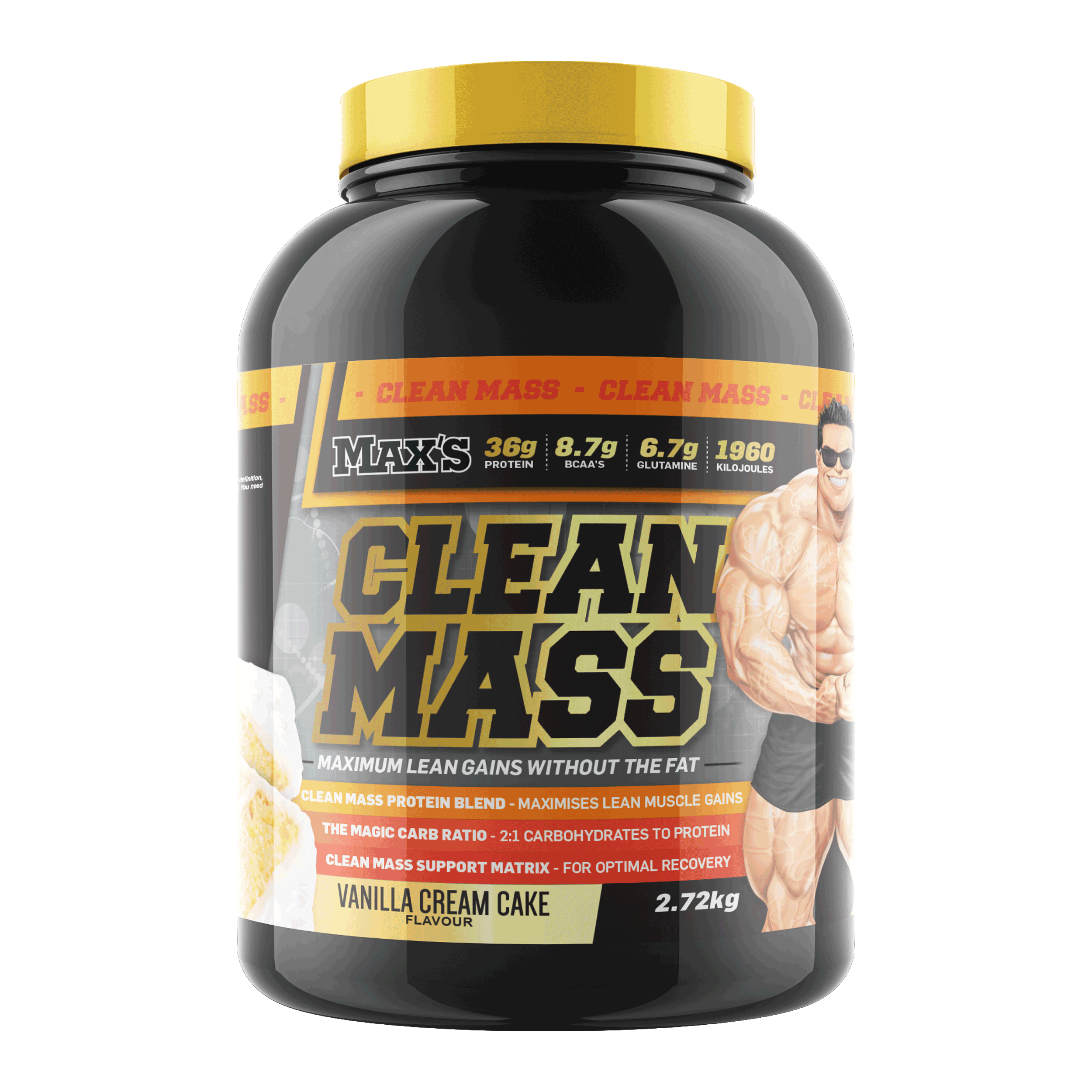 Max's Clean Mass supplement container with a yellow and black label on a white background