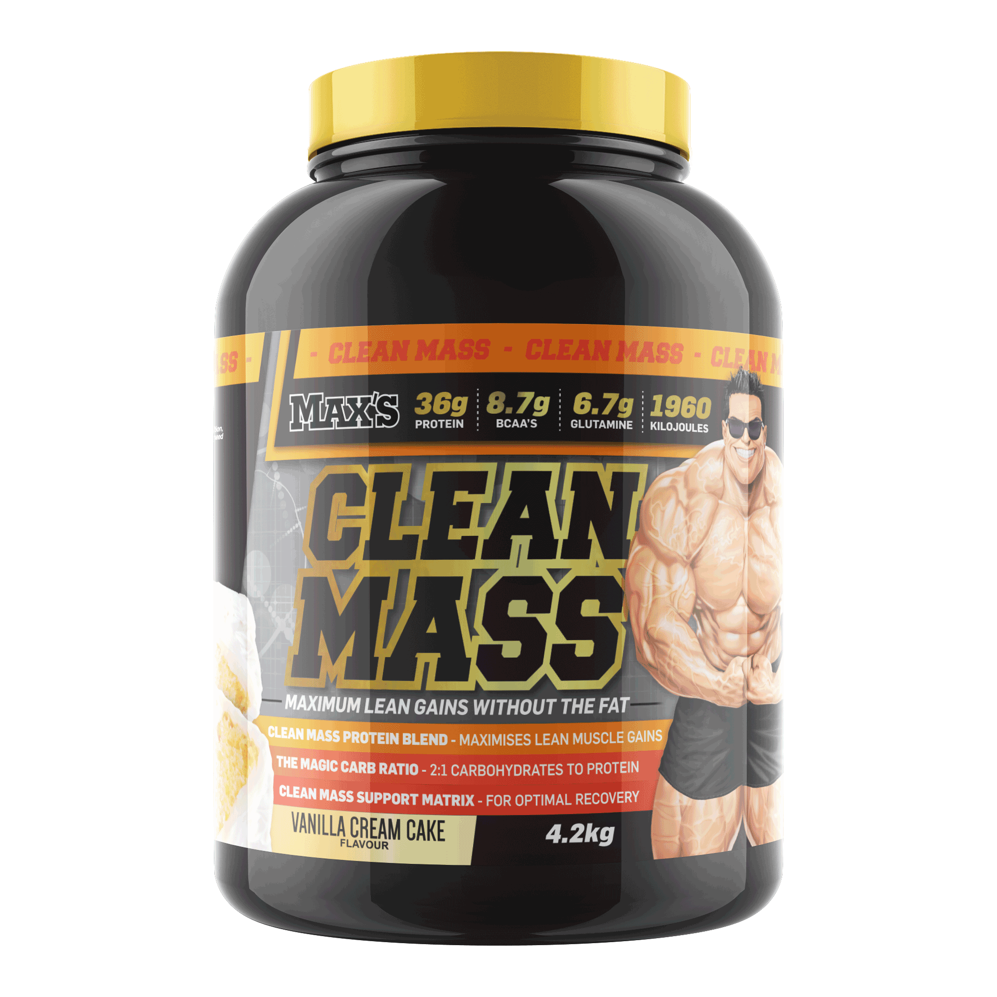 Supplement container labeled 'Clean Mass' with a muscular figure on the label.