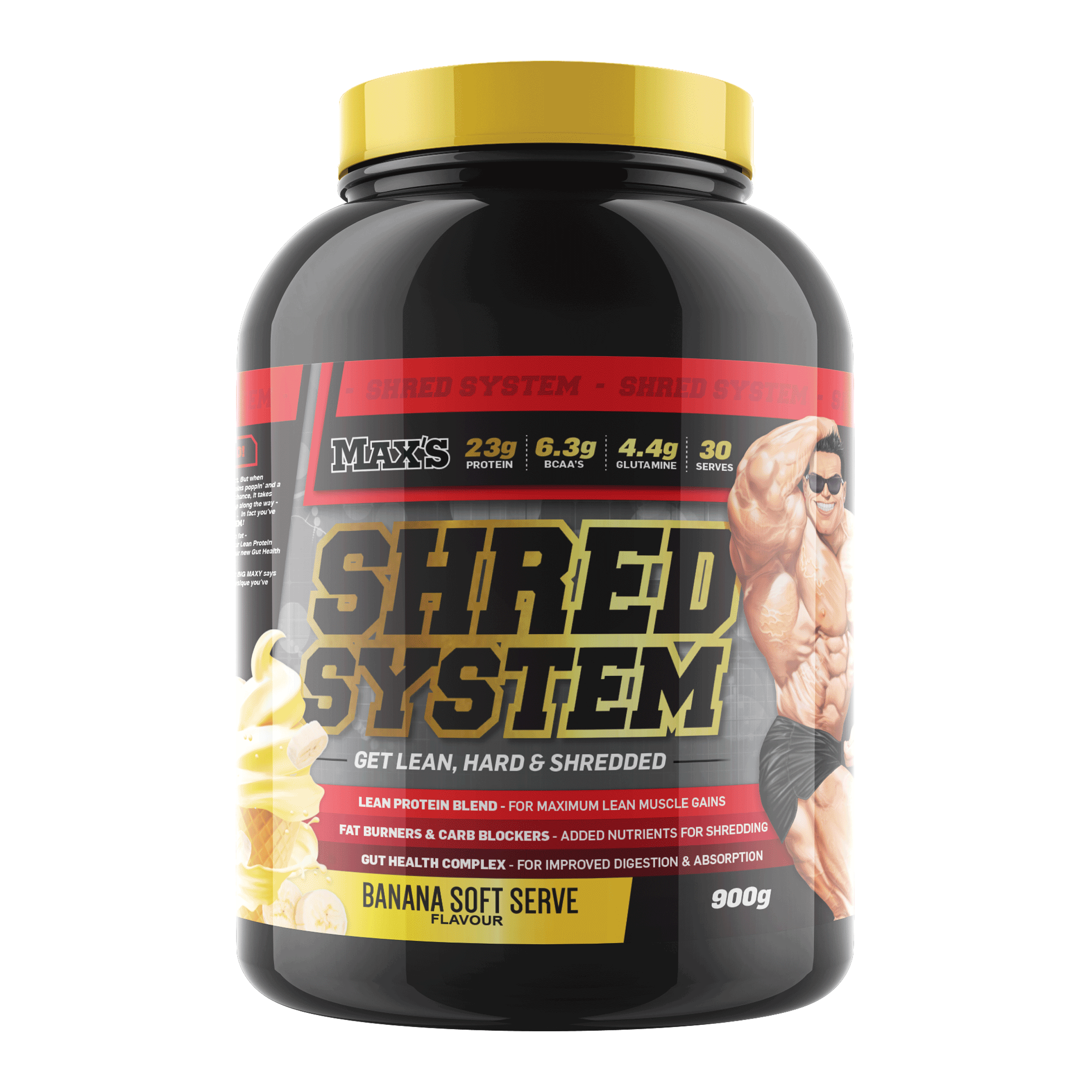 Max's Shred System supplement container with a black label and yellow accents on a white background