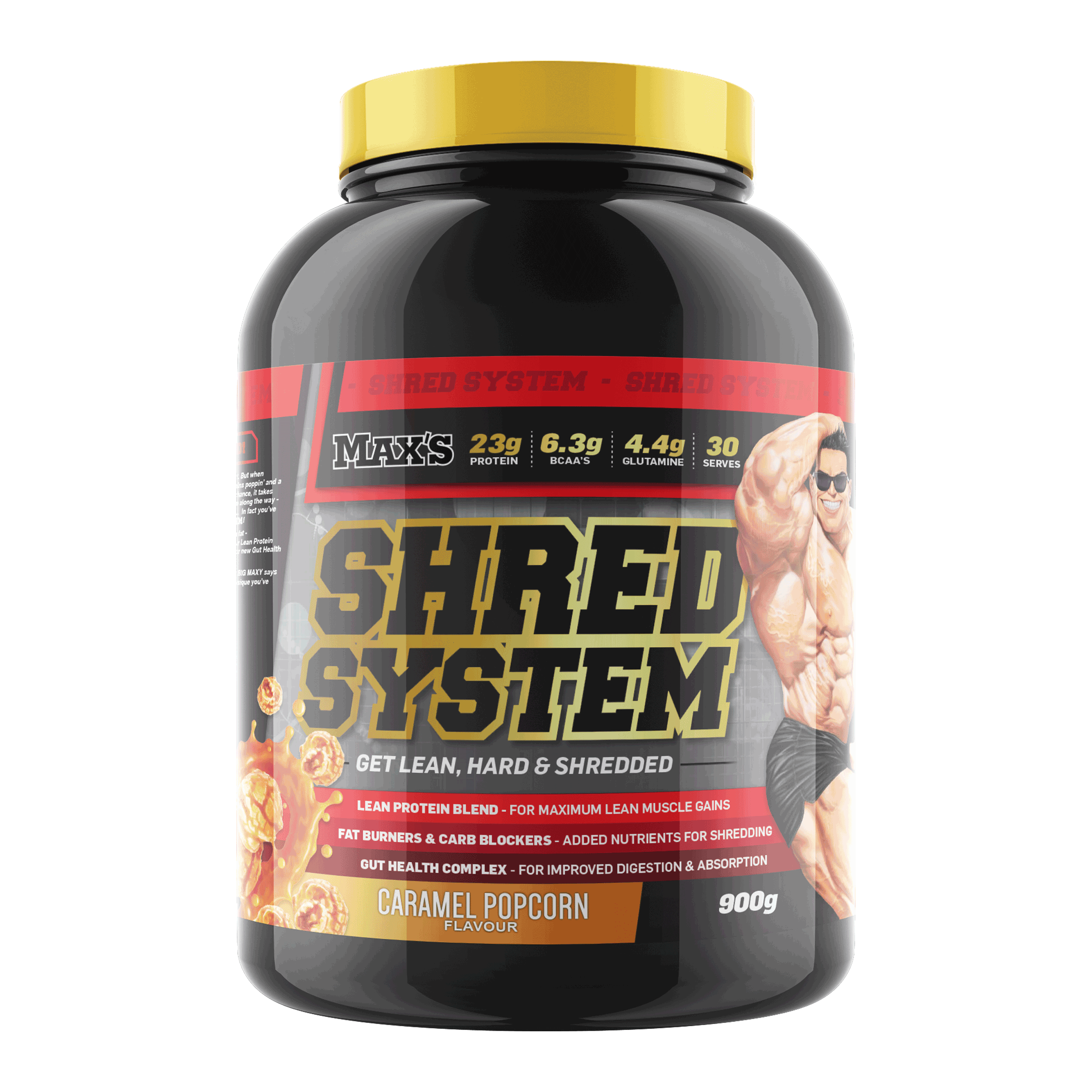 Max's Shred System protein powder container with a white background