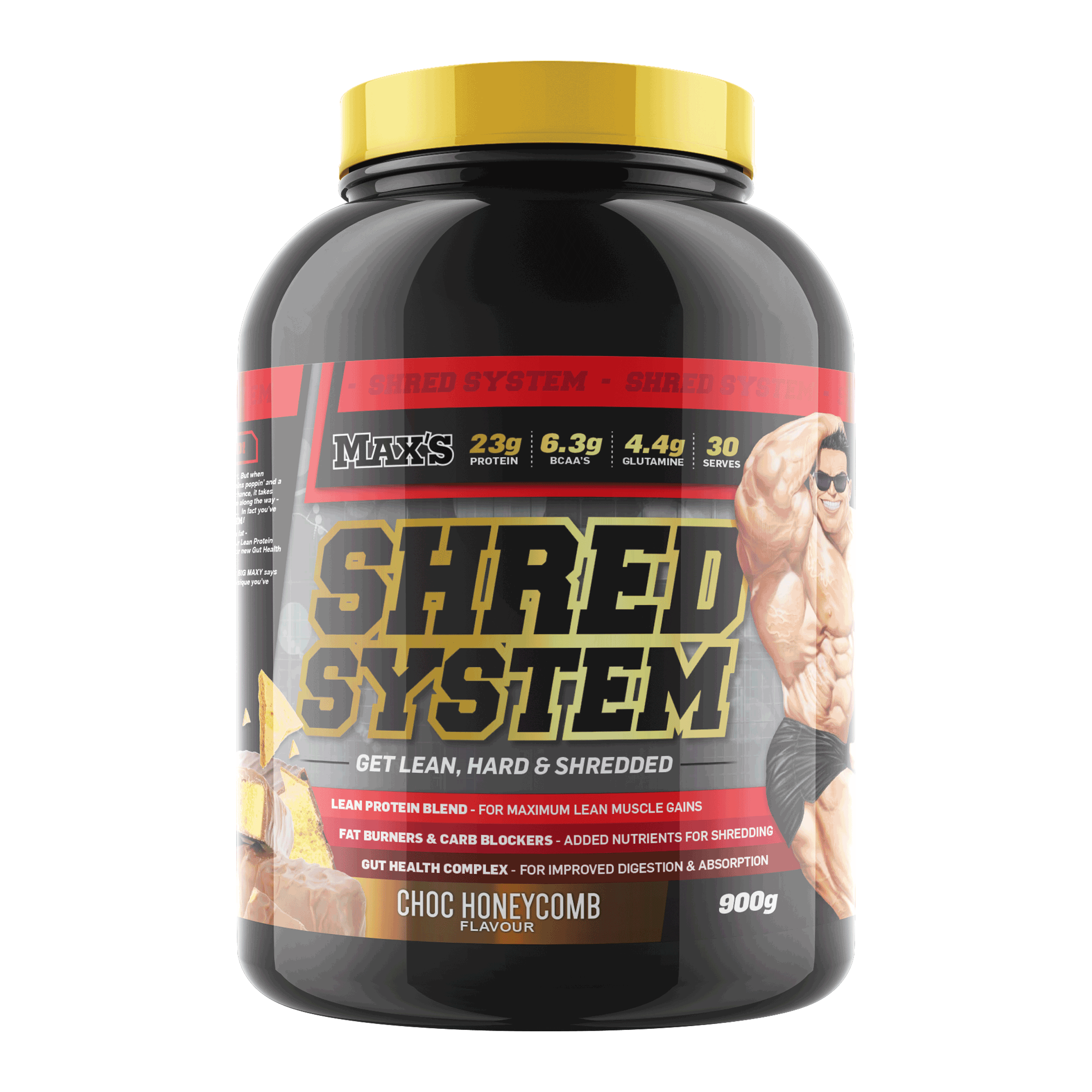 Max's Shred System supplement container with a white background