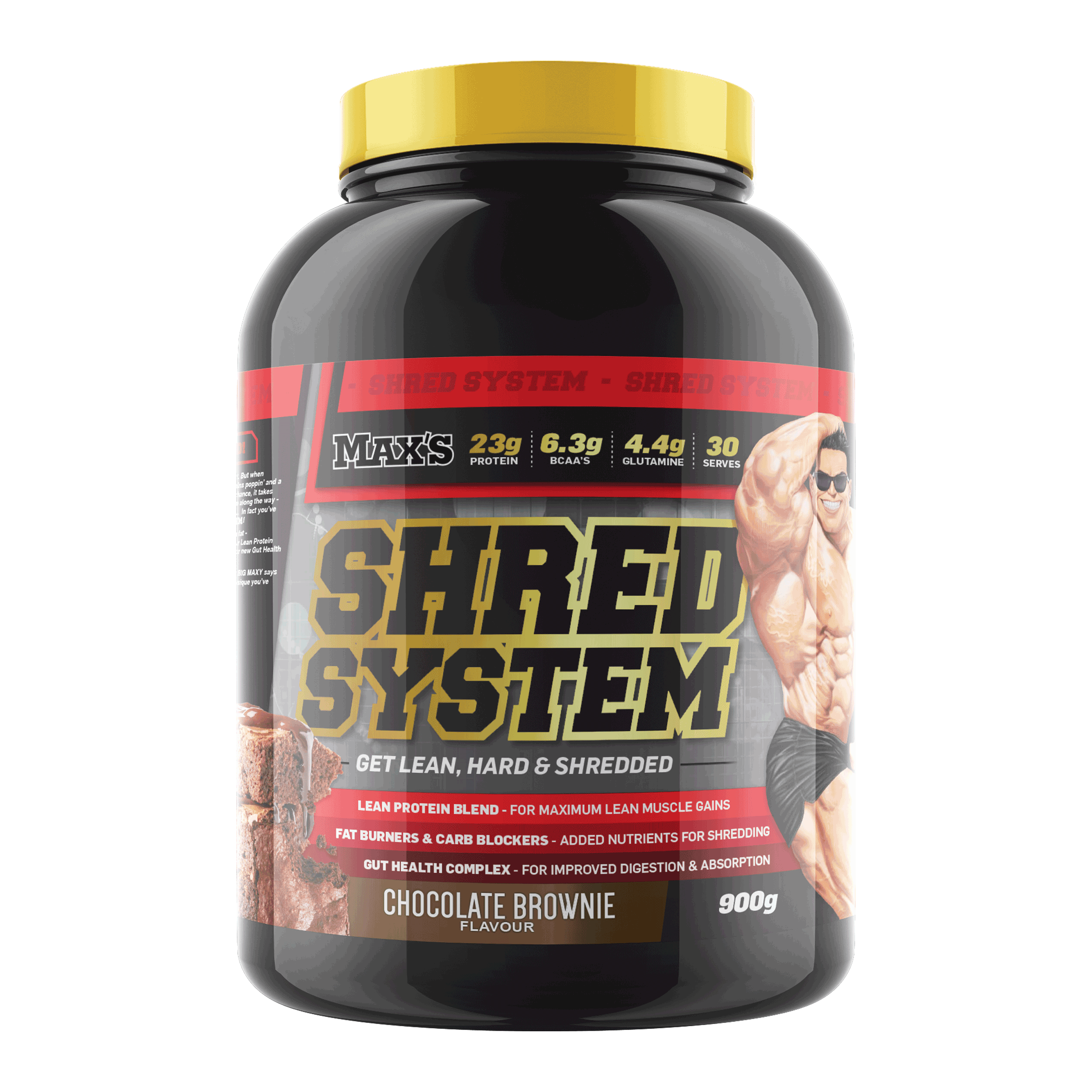 Max's Shred System supplement container with a white background