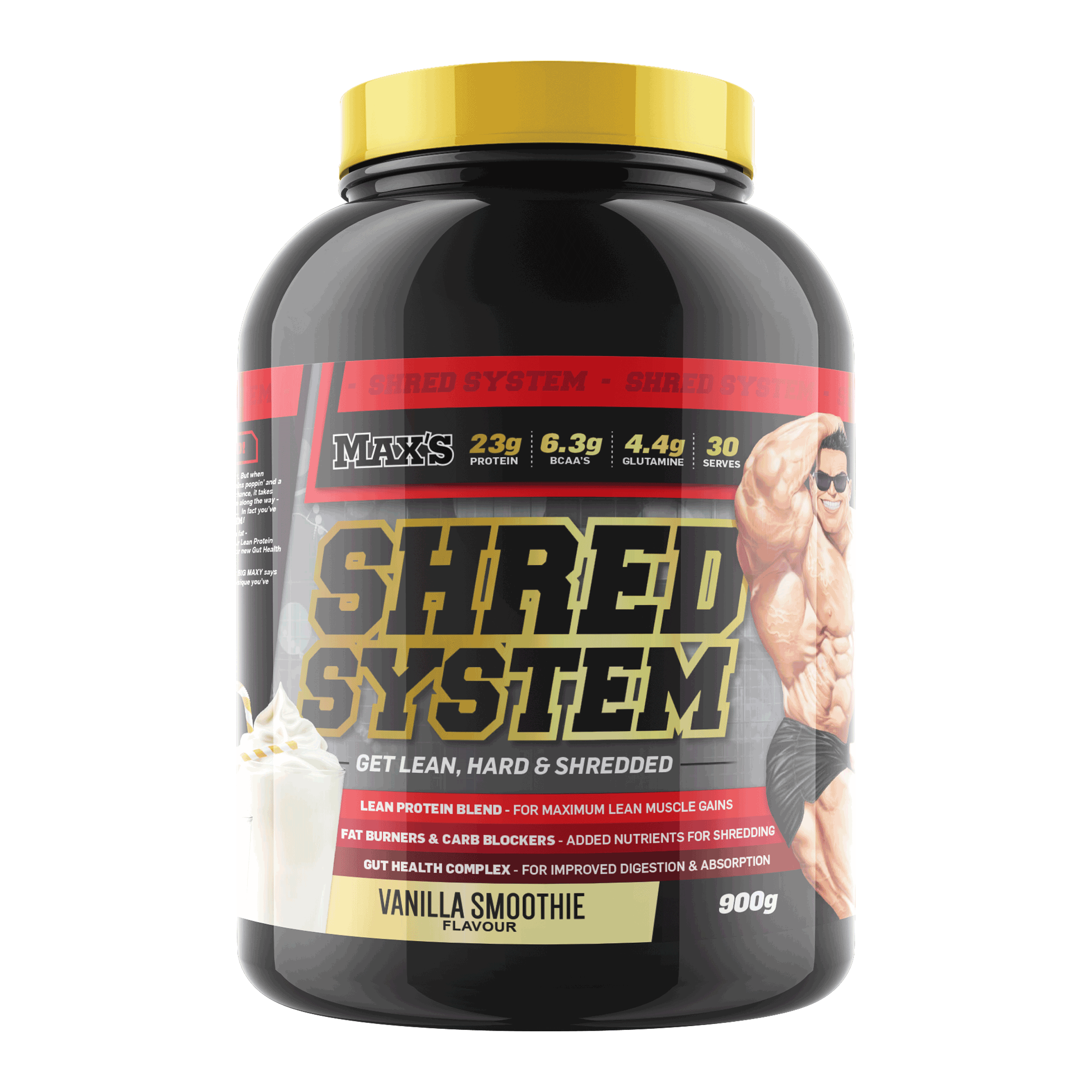 Max's Shred System protein powder container on a white background