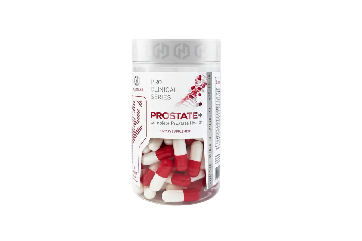 A clear plastic bottle of Prostate+ capsules from Pro Clinical Series, showing red and white capsules inside, set against a light gray background.