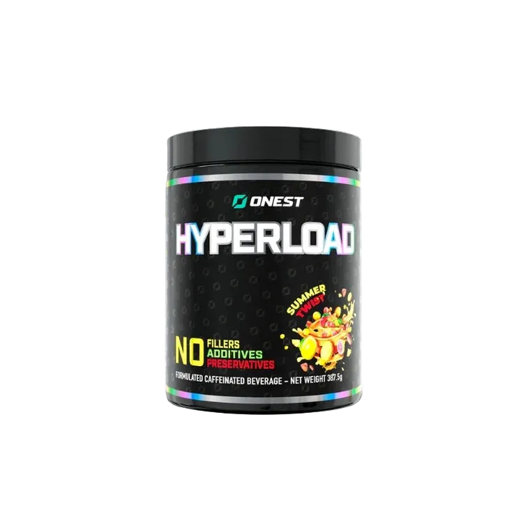 A black plastic tub of ONEST HyperLoad pre-workout supplement with a black lid, featuring a colorful label with 'HYPERLOAD' in large white and blue letters, 'SUMMER SPICED' flavor, and 'NO FILLERS ADDITIVES PRESERVATIVES' text, set against a plain white background.