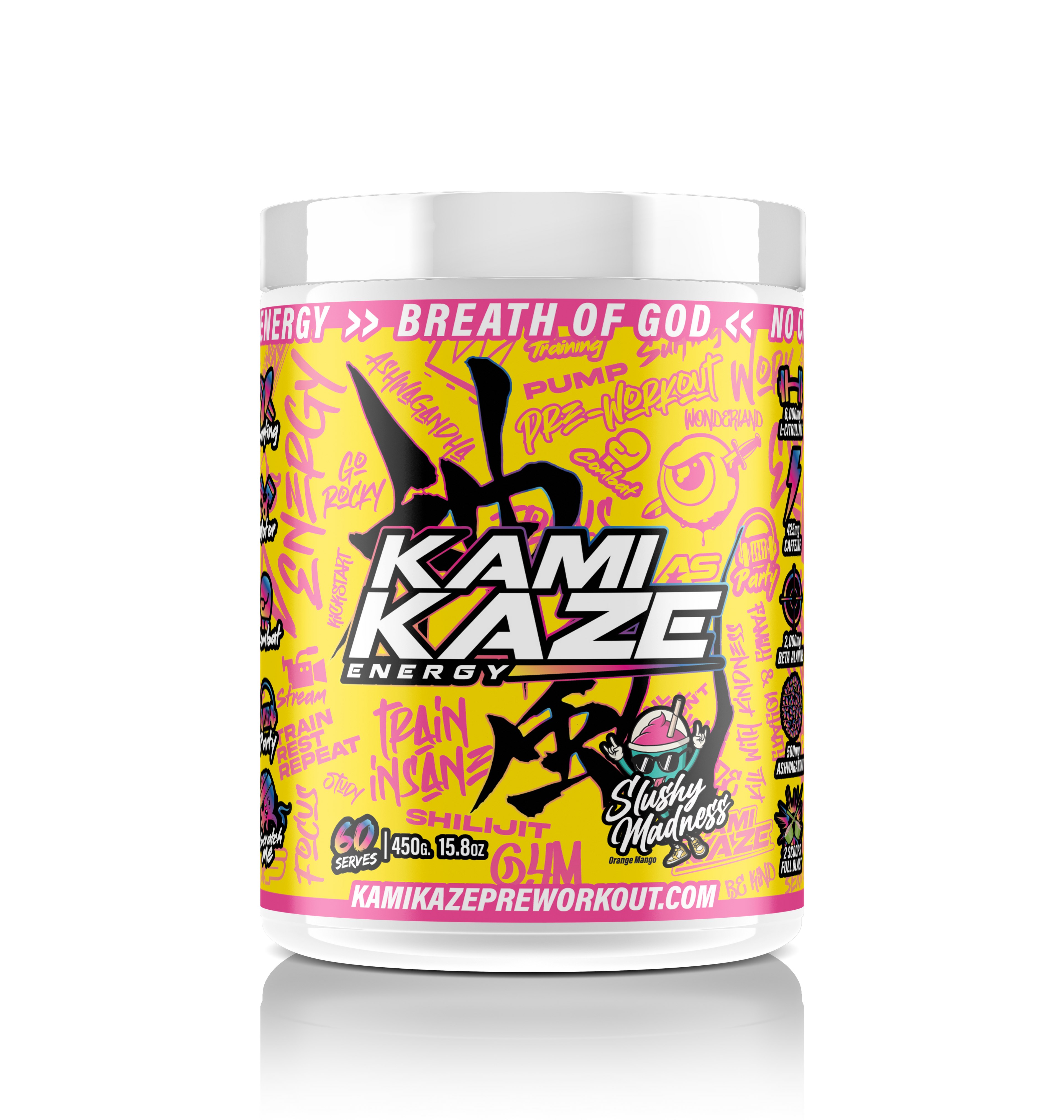 Kami Kaze Energy supplement container with colorful label on a white background