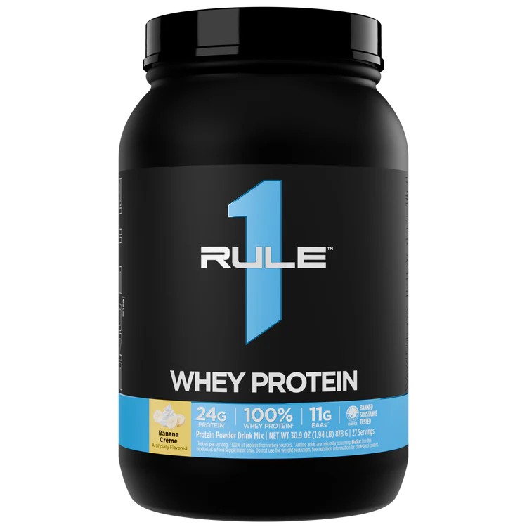 Black container of Rule 1 Whey Protein on a white background
