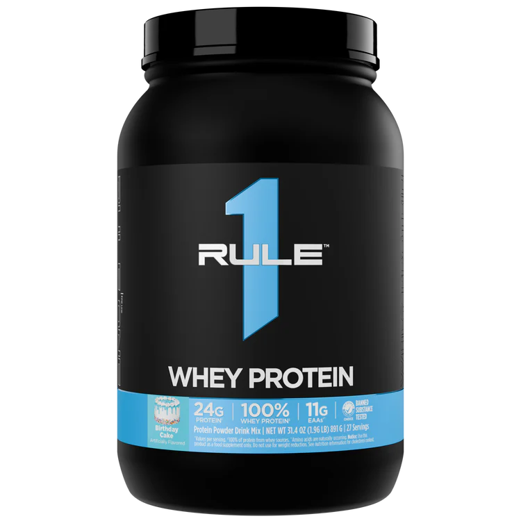 Black container of Rule 1 Whey Protein with blue accents on a white background