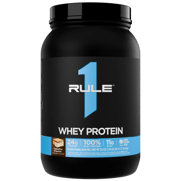 Black container of Rule 1 Whey Protein on a white background