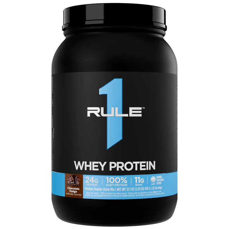 Black container of Rule 1 Whey Protein on a white background
