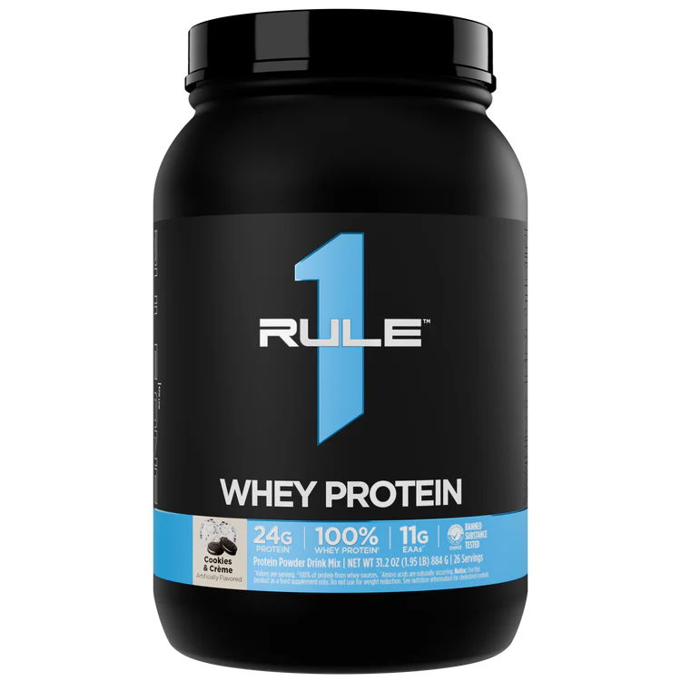 Black container of Rule 1 Whey Protein on a white background