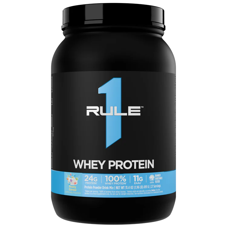 Black container of Rule 1 Whey Protein on a white background