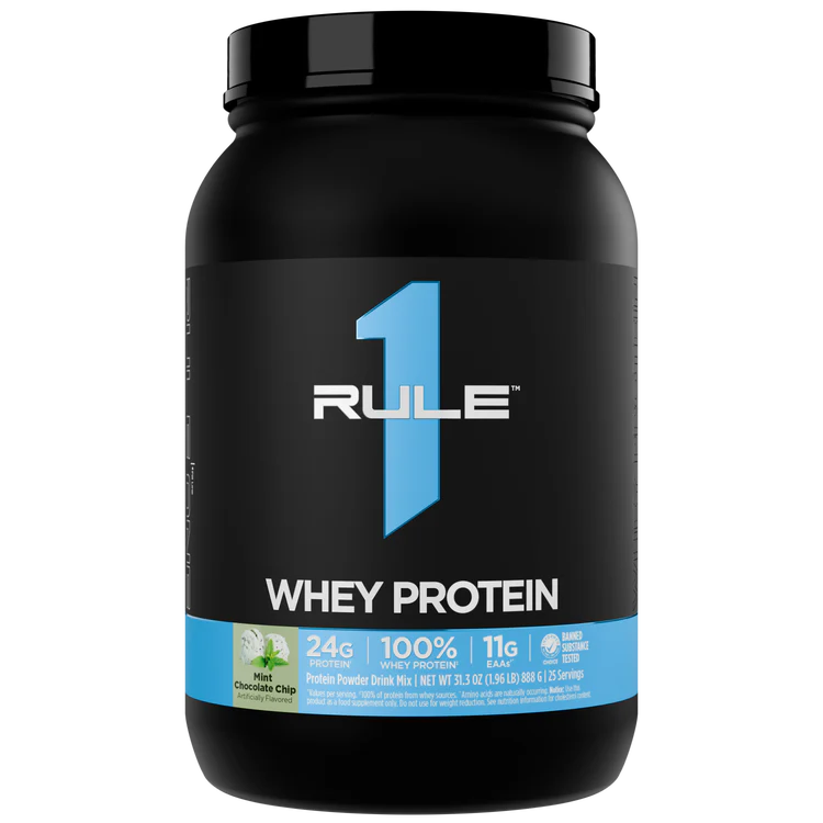 Black container of Rule 1 Whey Protein on a white background