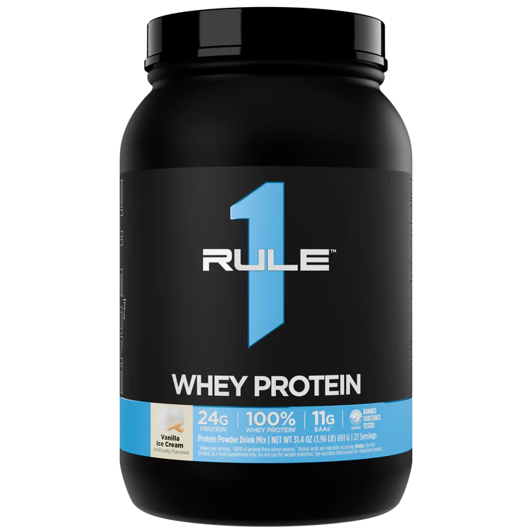 Black container of Rule 1 Whey Protein on a white background